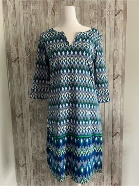 Hatley Blue and Green Geometric Summer Cotton 3/4 Sleeve Dress Small